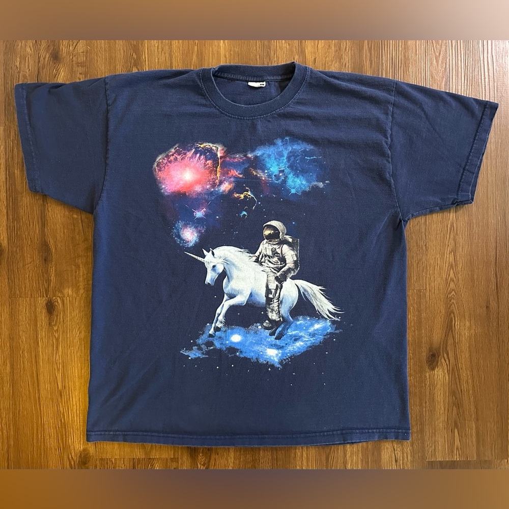 Space Astronaut Riding Unicorn Navy Blue Unisex Graphic Tee
